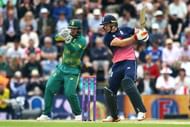 SOUTHAMPTON, ENGLAND - MAY 27: Jos Butler of England hits out while wicket keeper Quinton de Kock of South Africa looks on during the Royal London ODI match between England and South Africa at The Ageas Bowl on May 27, 2017 in Southampton, England. (Photo by Charlie Crowhurst/Getty Images)